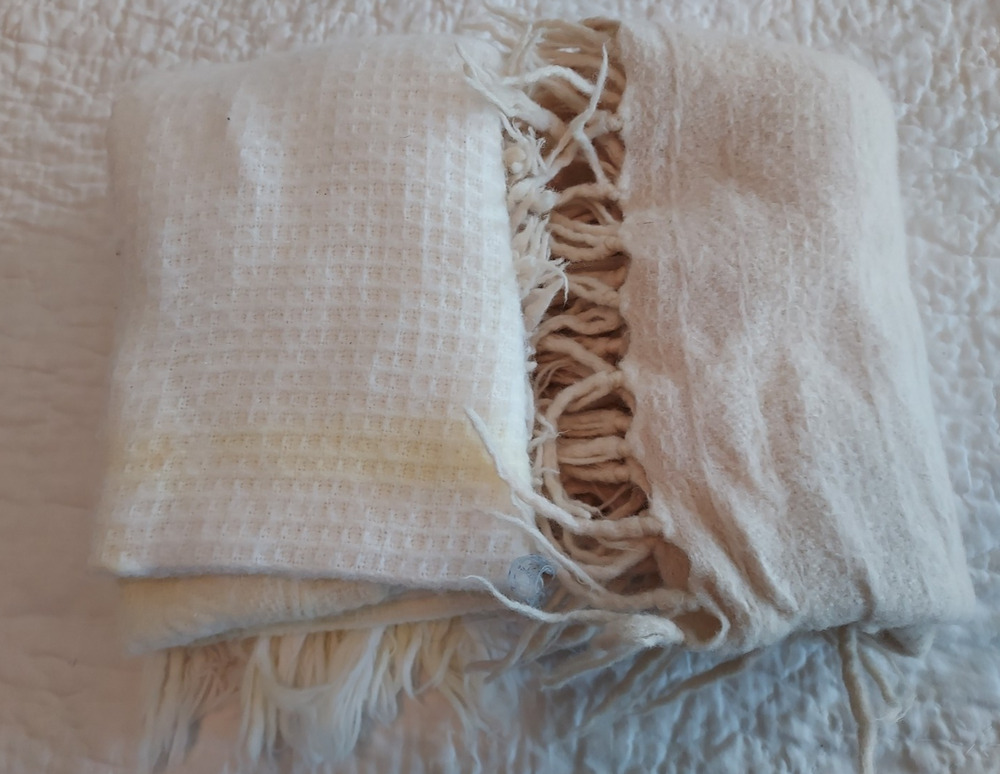 Vintage or Antique Baby Blankets Lot Of 2 Fringed Ivory Acrylic and Wool stain